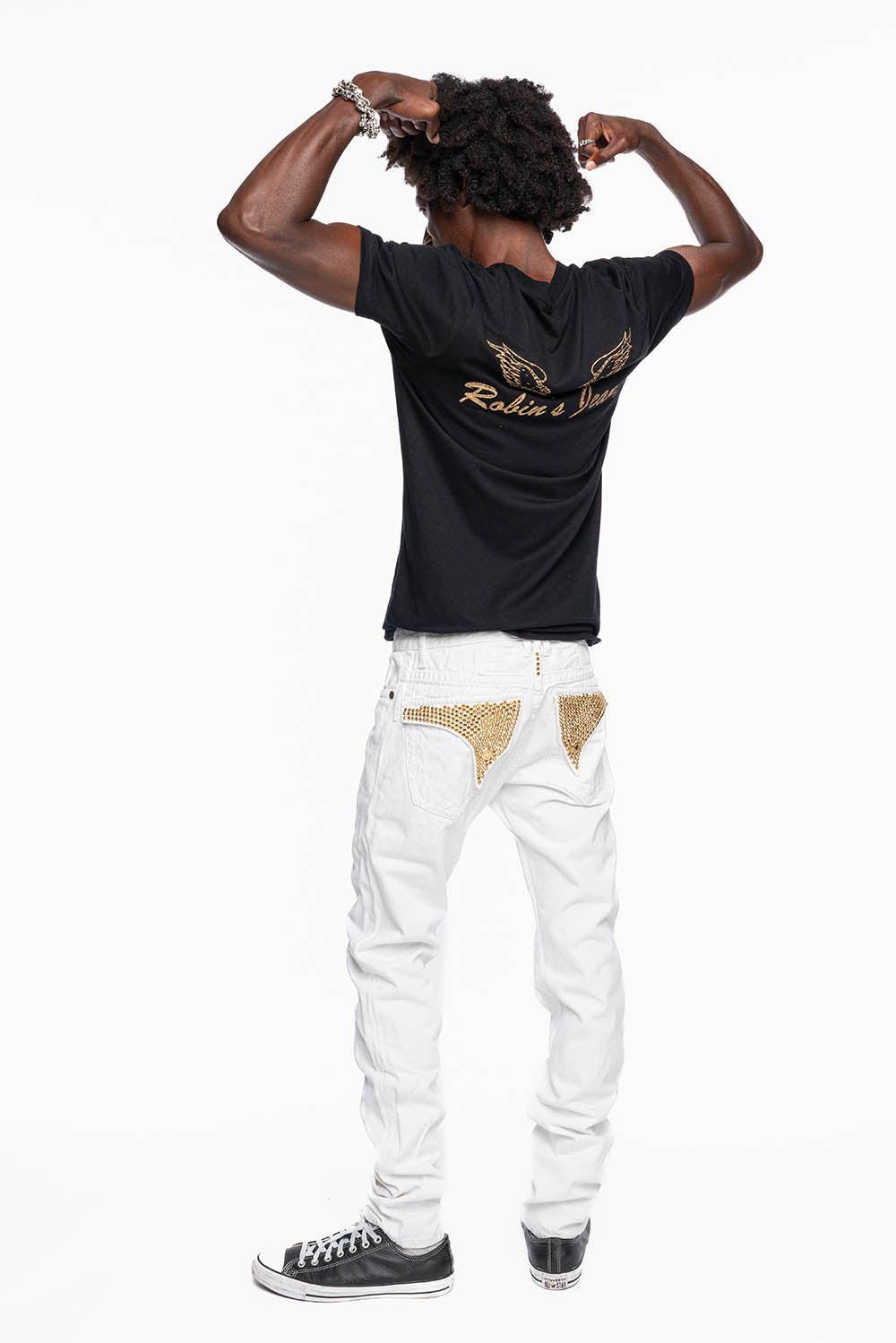 MENS LONG FLAP SLIM JEANS IN WHITE  EMBELLISHED WITH GOLD CRYSTALS
