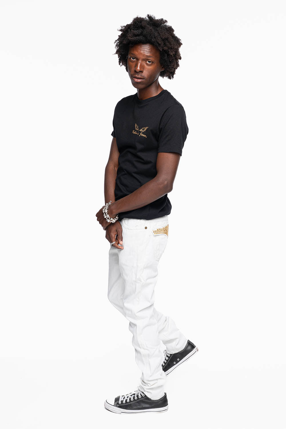 MENS LONG FLAP SLIM JEANS IN WHITE  EMBELLISHED WITH GOLD CRYSTALS