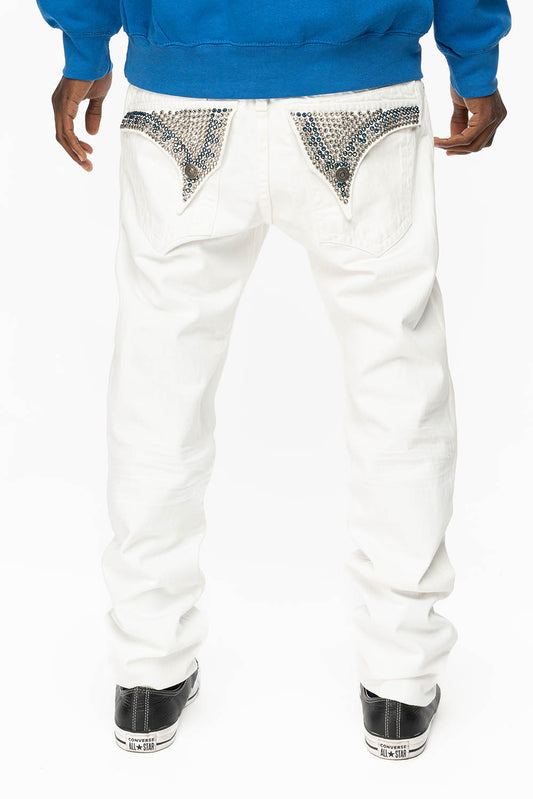 MENS LONG FLAP SLIM JEANS WITH FULL CLEAR  & SAPPHIRE CRYSTALS IN PURE WHITE DNM