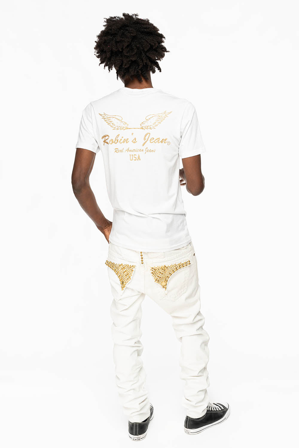 MENS LONG FLAP SLIM JEANS WITH PARACHUTE STUDS AND AURUM CRYSTALS IN PURE WHITE BROKEN REPAIRED DNM