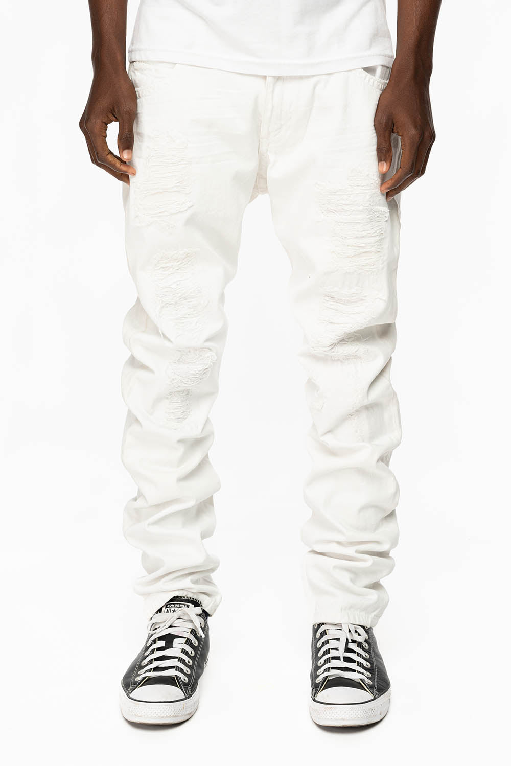 MENS LONG FLAP SLIM JEANS WITH PARACHUTE STUDS AND AURUM CRYSTALS IN PURE WHITE BROKEN REPAIRED DNM