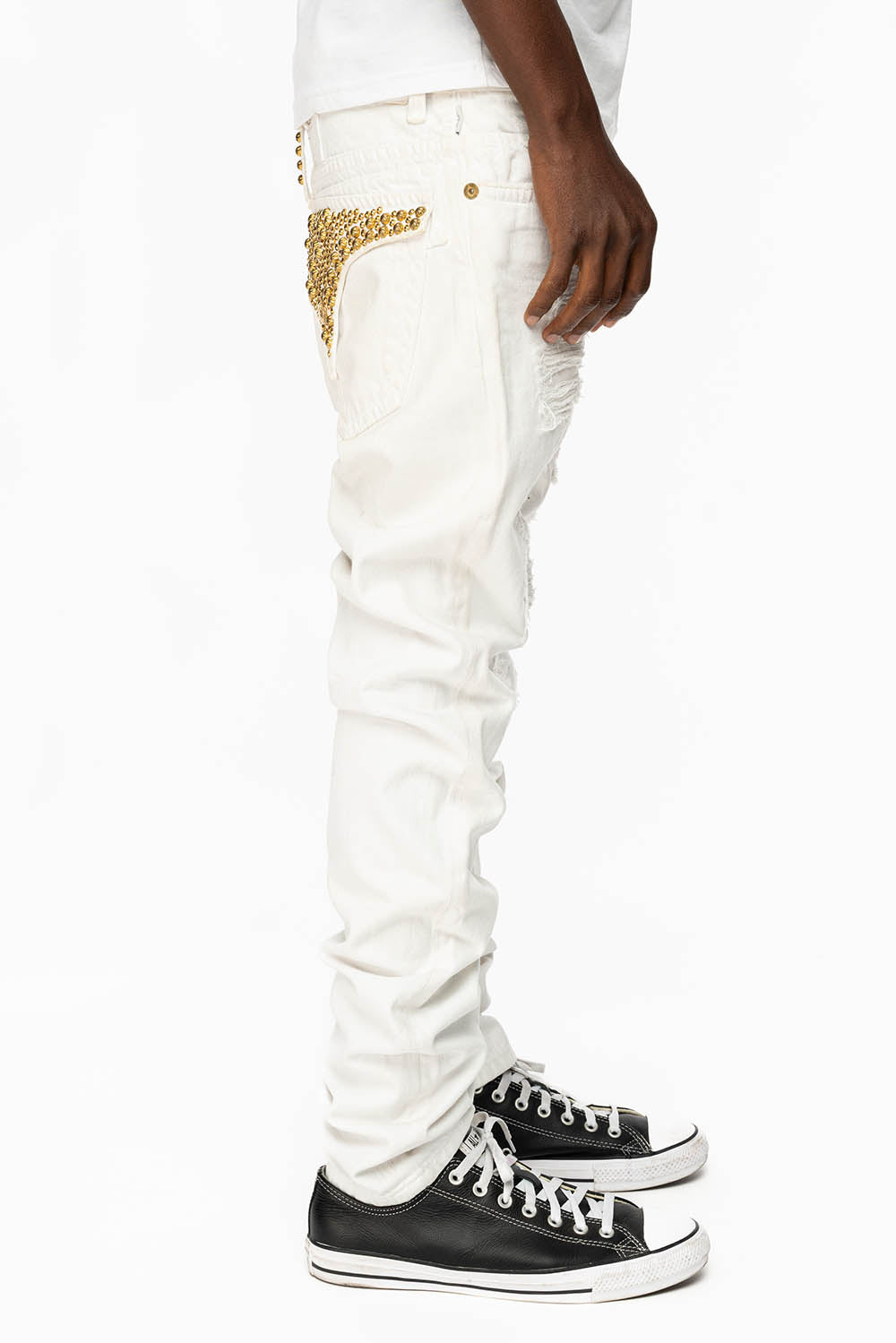 MENS LONG FLAP SLIM JEANS WITH PARACHUTE STUDS AND AURUM CRYSTALS IN PURE WHITE BROKEN REPAIRED DNM