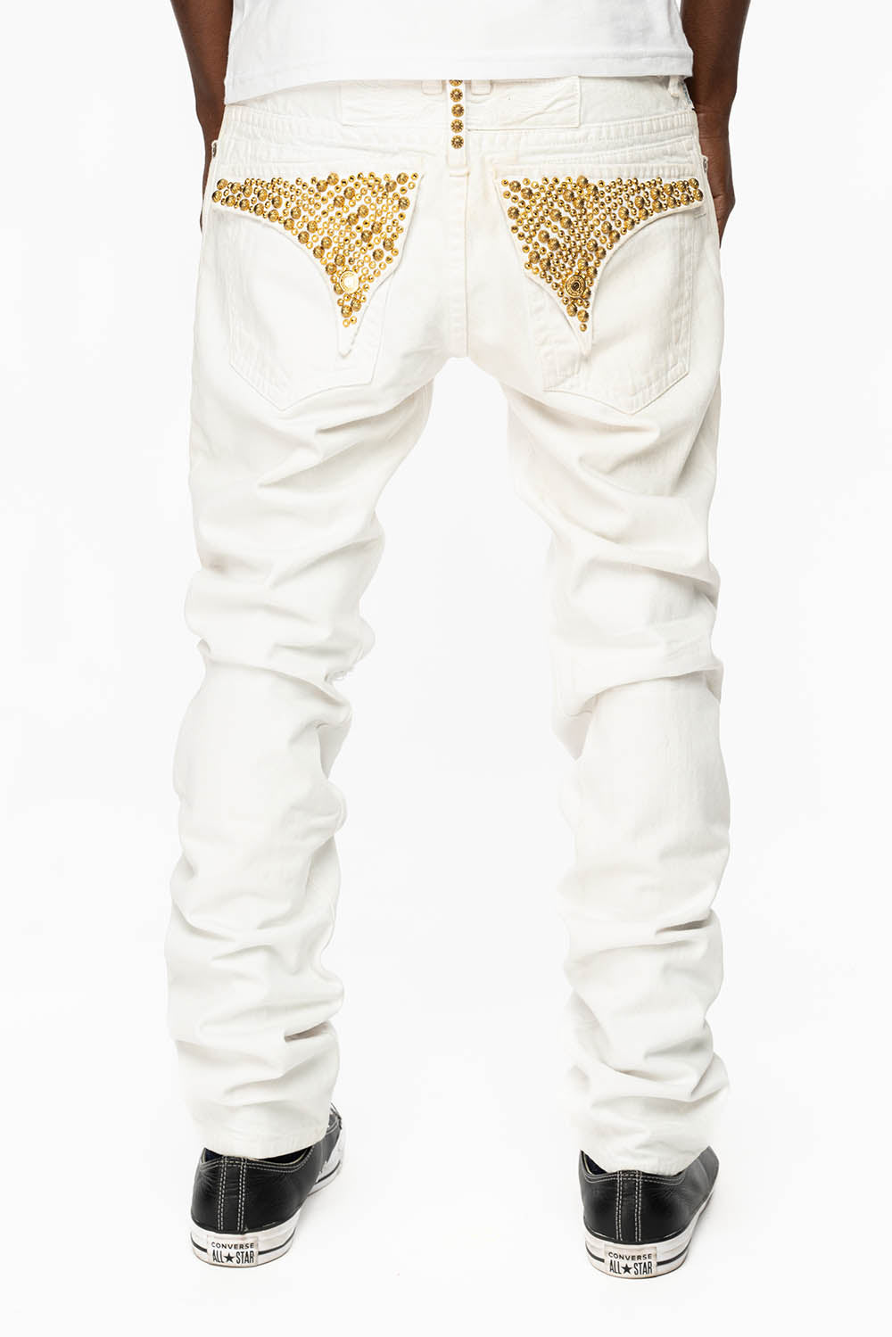 MENS LONG FLAP SLIM JEANS WITH PARACHUTE STUDS AND AURUM CRYSTALS IN PURE WHITE BROKEN REPAIRED DNM