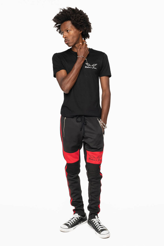 BIKER STYLE JOGGER IN BLACK WITH RED STRIPES