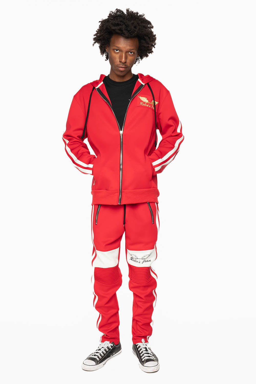 HOODED TRACK JACKET IN RED WITH WHITE STRIPE – Robin's Jean