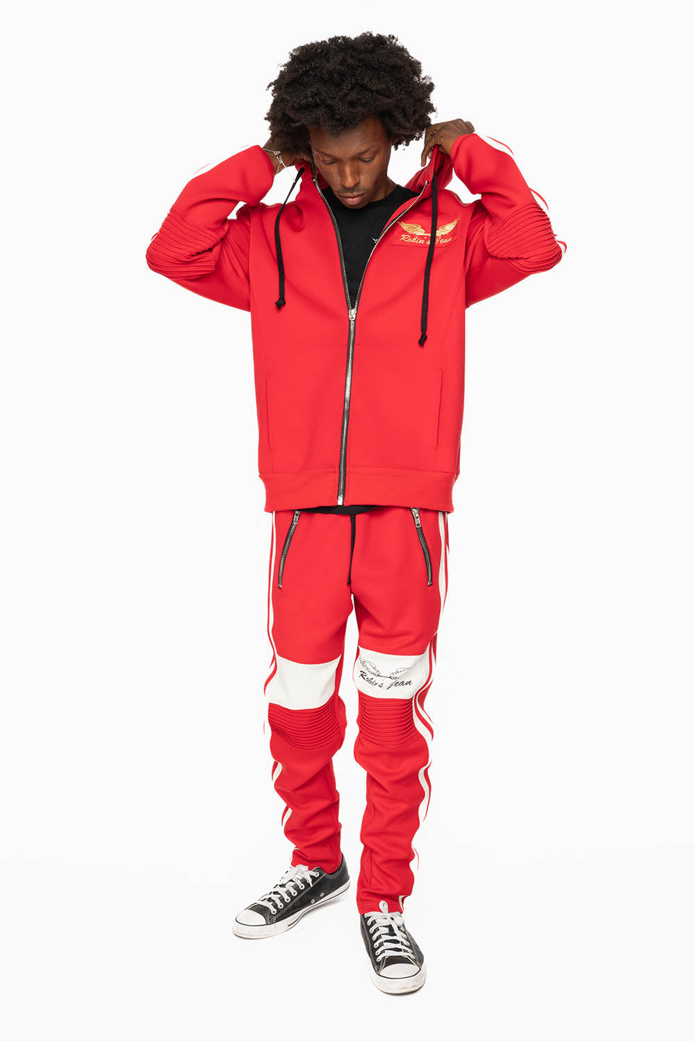 HOODED TRACK JACKET IN RED WITH WHITE STRIPE – Robin's Jean