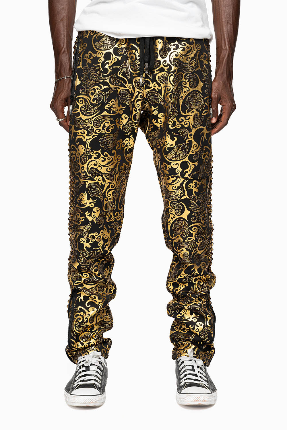 CLOUD JOGGER IN GOLD/BLACK PRINT EMBELLISHED WITH LARGE CRYSTALS