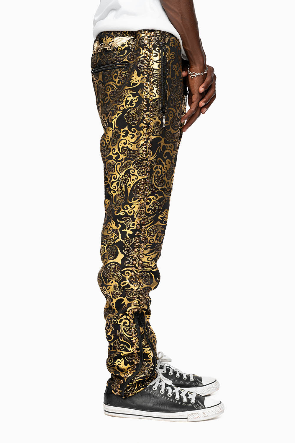 CLOUD JOGGER IN GOLD/BLACK PRINT EMBELLISHED WITH LARGE CRYSTALS