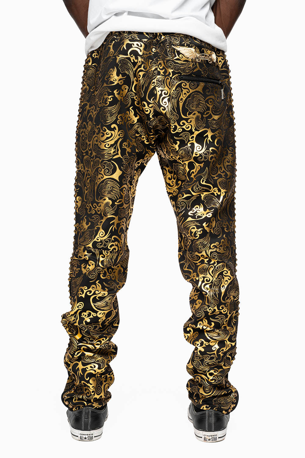CLOUD JOGGER IN GOLD/BLACK PRINT EMBELLISHED WITH LARGE CRYSTALS
