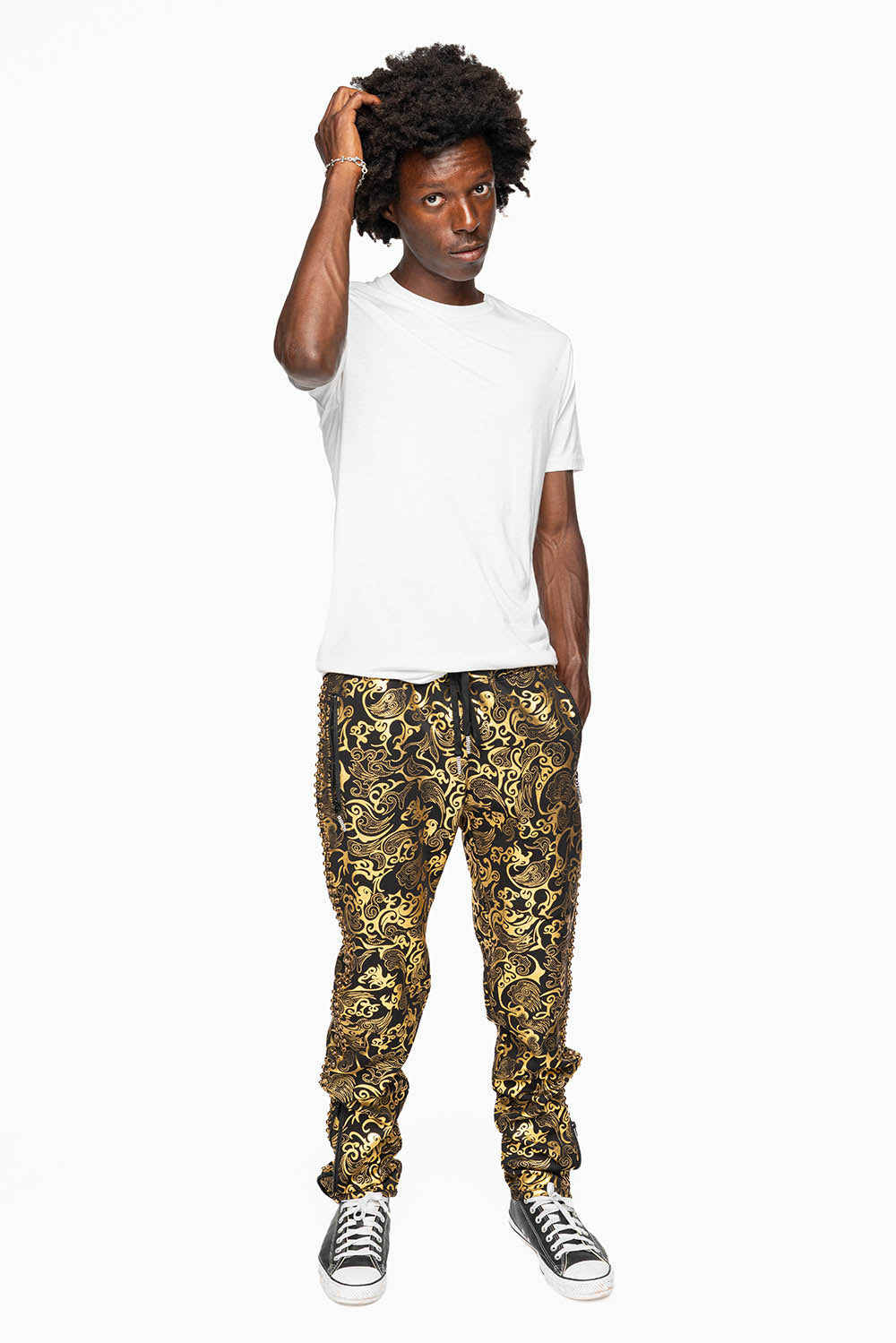 CLOUD JOGGER IN GOLD/BLACK PRINT EMBELLISHED WITH LARGE CRYSTALS
