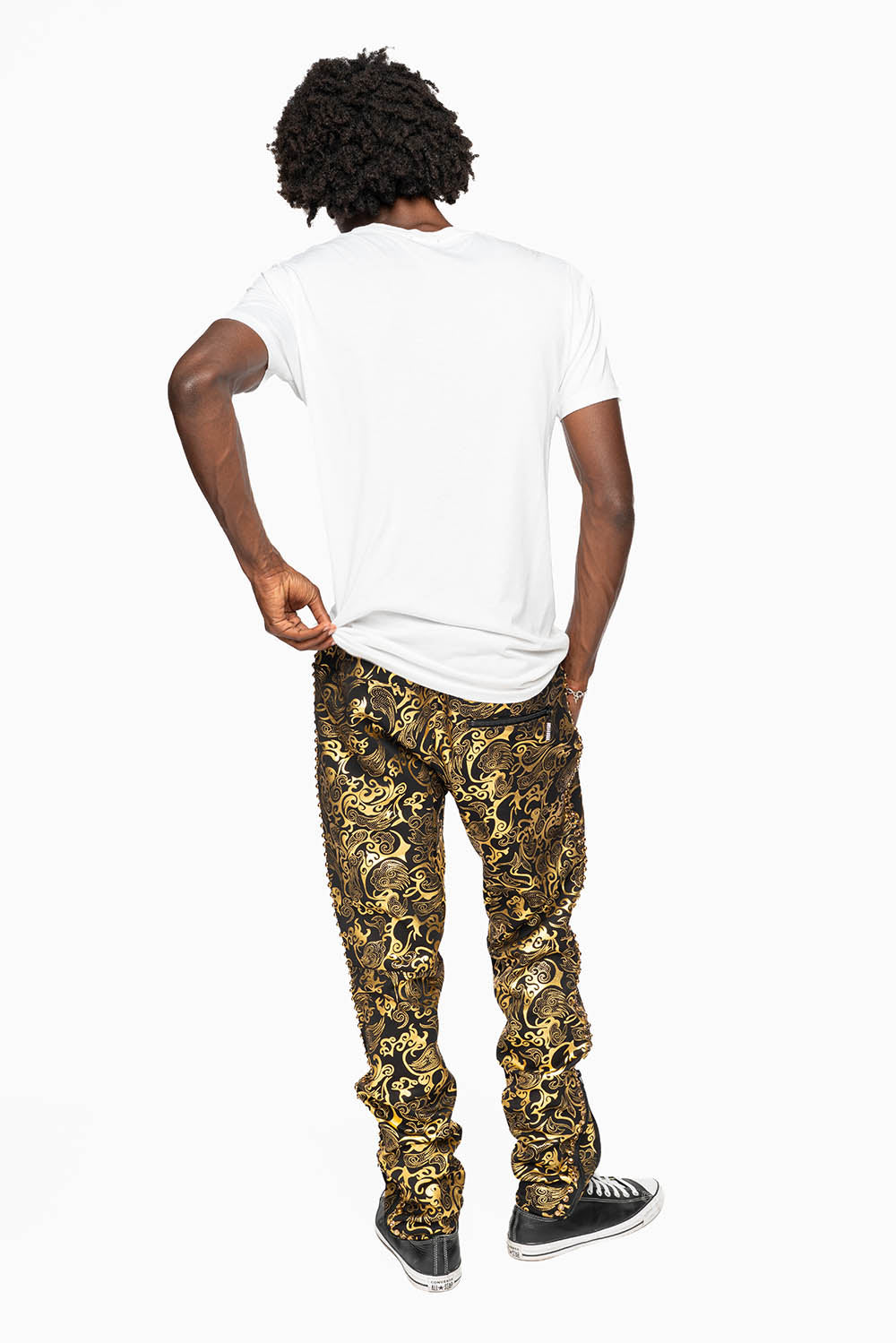 CLOUD JOGGER IN GOLD/BLACK PRINT EMBELLISHED WITH LARGE CRYSTALS