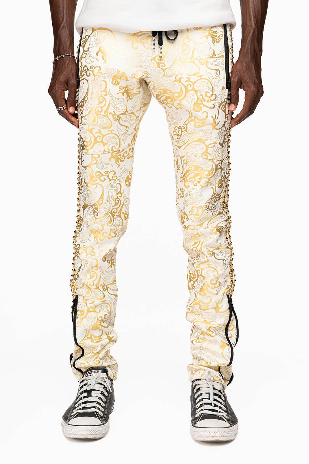 CLOUD JOGGER IN GOLD/WHITE PRINT EMBELLISHED WITH LARGE CRYSTALS