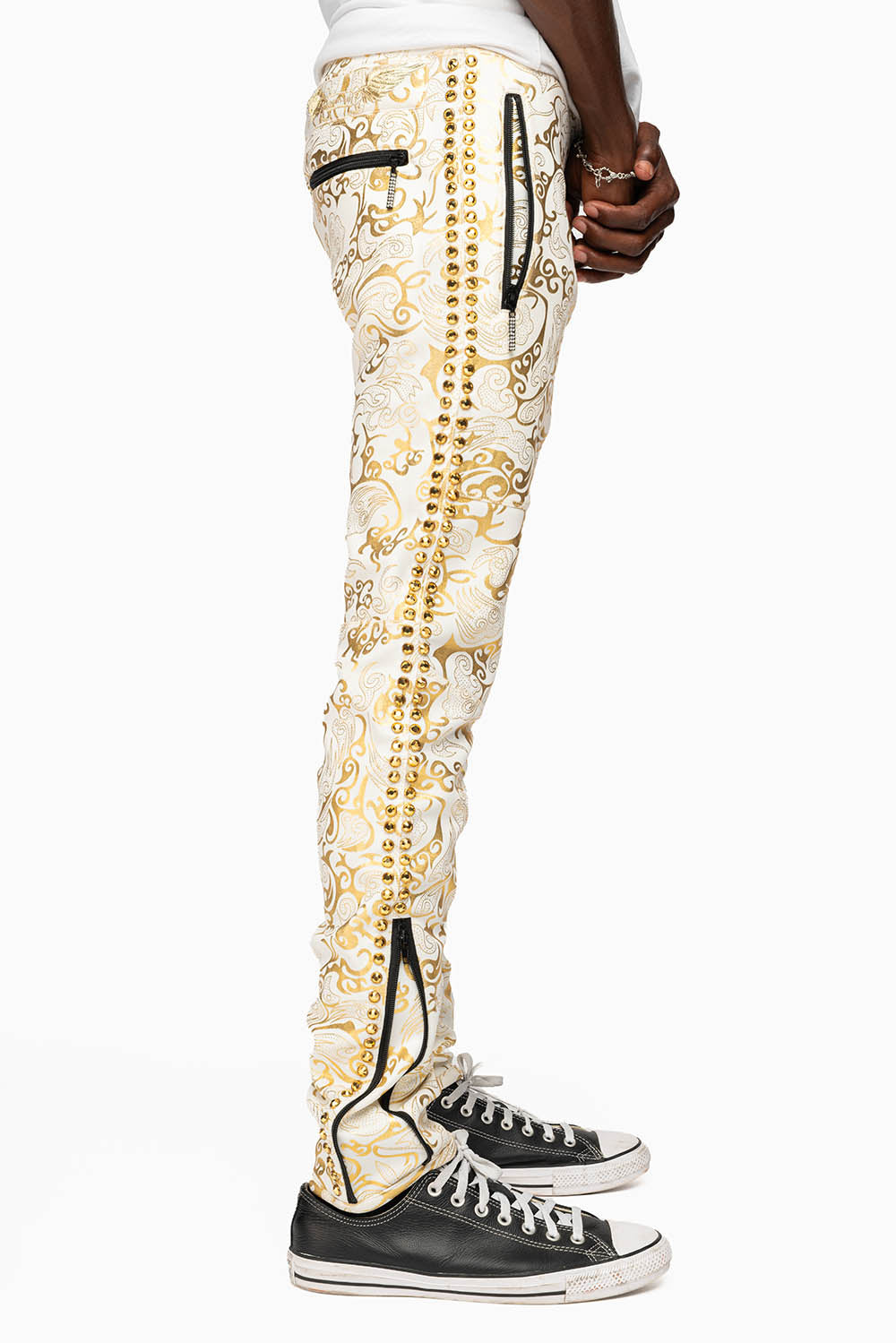 CLOUD JOGGER IN GOLD/WHITE PRINT EMBELLISHED WITH LARGE CRYSTALS