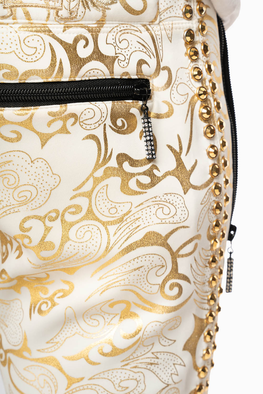 CLOUD JOGGER IN GOLD/WHITE PRINT EMBELLISHED WITH LARGE CRYSTALS