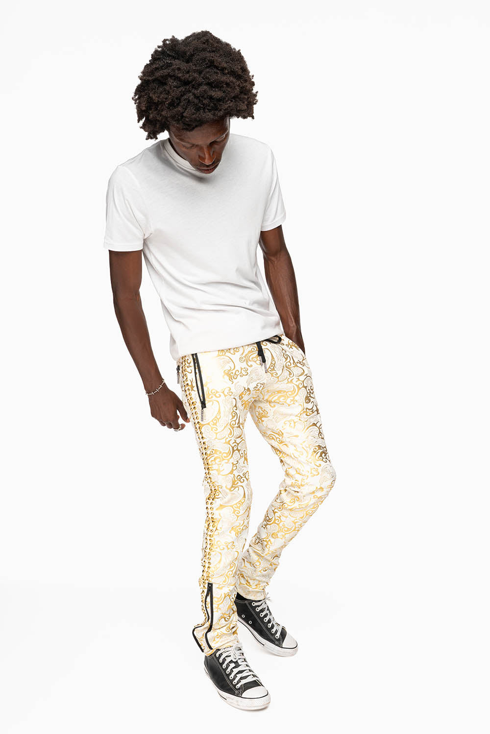 CLOUD JOGGER IN GOLD/WHITE PRINT EMBELLISHED WITH LARGE CRYSTALS