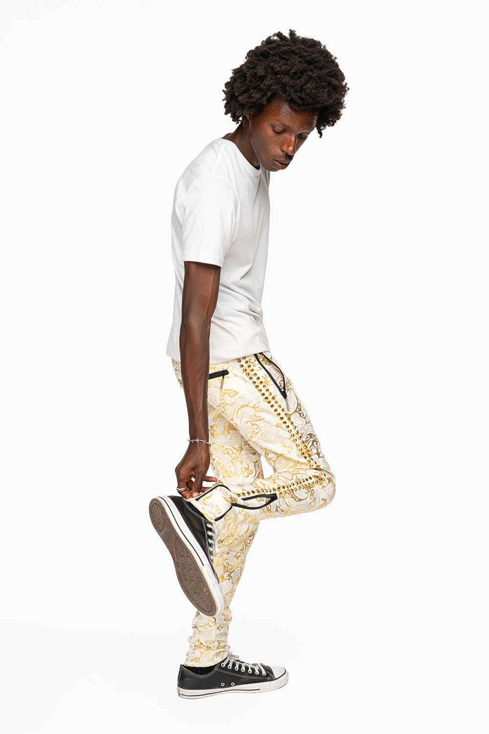 CLOUD JOGGER IN GOLD/WHITE PRINT EMBELLISHED WITH LARGE CRYSTALS