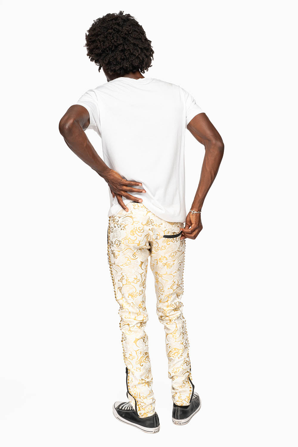 CLOUD JOGGER IN GOLD/WHITE PRINT EMBELLISHED WITH LARGE CRYSTALS