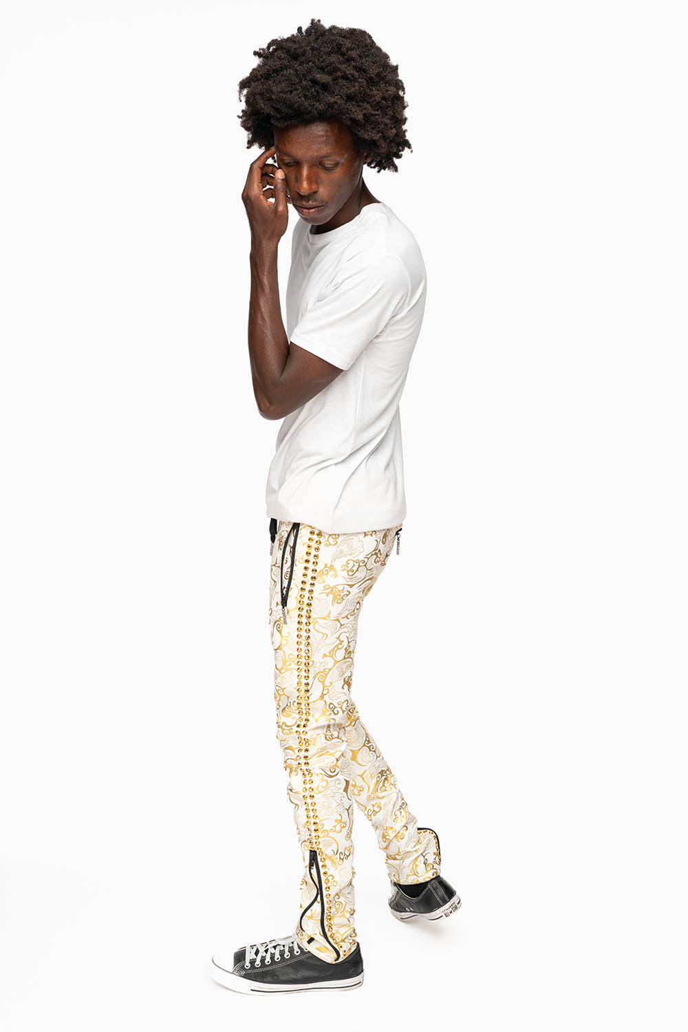CLOUD JOGGER IN GOLD/WHITE PRINT EMBELLISHED WITH LARGE CRYSTALS