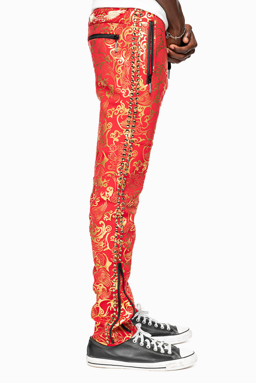 CLOUD JOGGER IN GOLD/RED PRINT EMBELLISHED WITH LARGE CRYSTALS