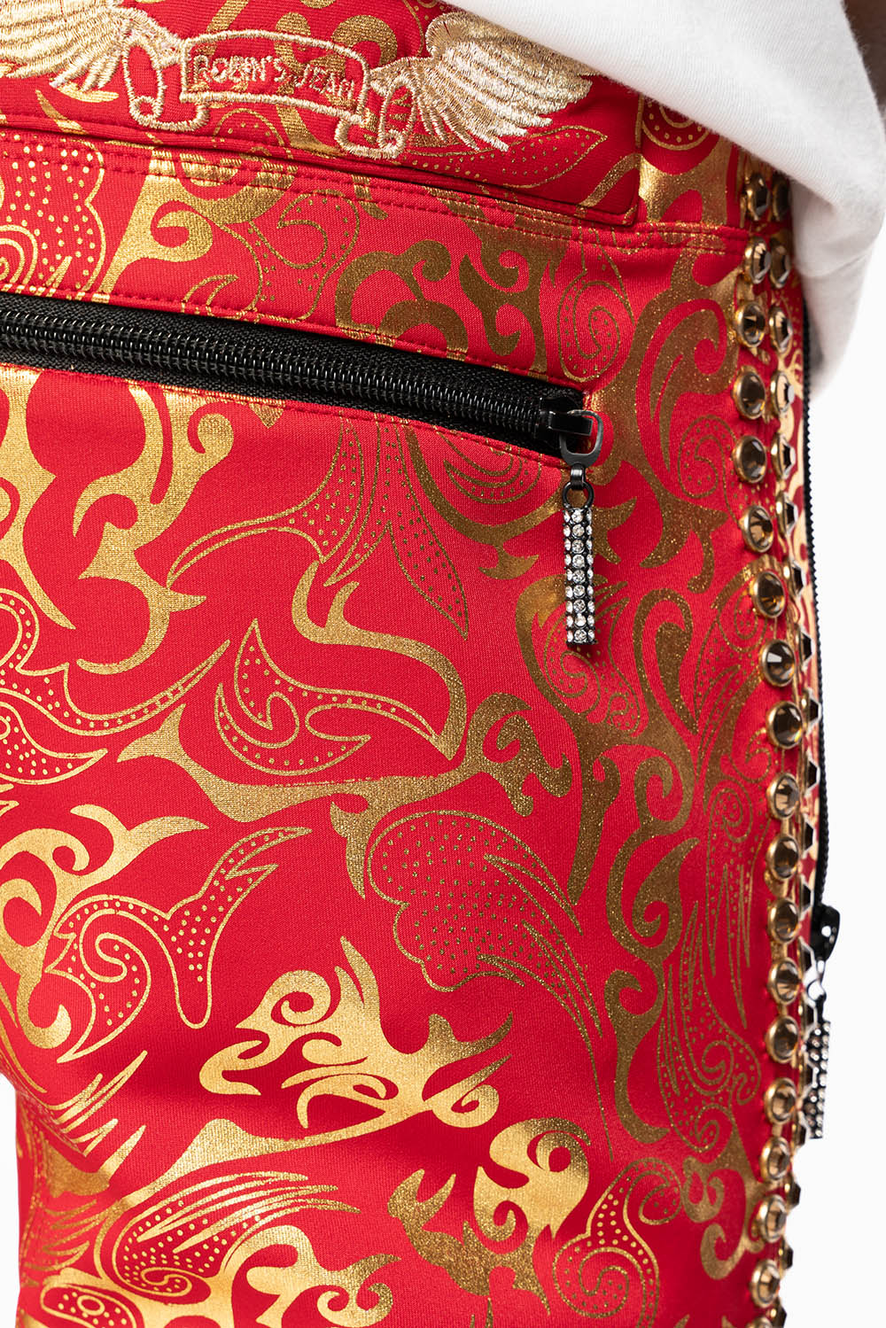 CLOUD JOGGER IN GOLD/RED PRINT EMBELLISHED WITH LARGE CRYSTALS