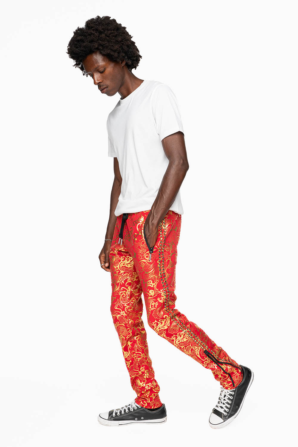 CLOUD JOGGER IN GOLD/RED PRINT EMBELLISHED WITH LARGE CRYSTALS