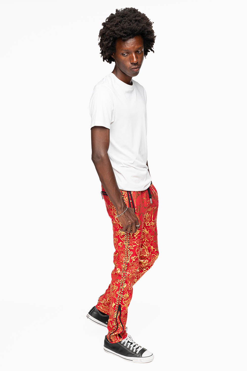 CLOUD JOGGER IN GOLD/RED PRINT EMBELLISHED WITH LARGE CRYSTALS