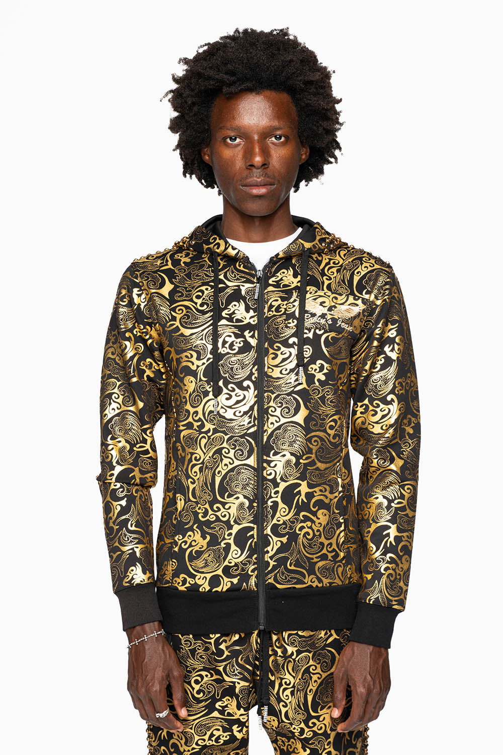 HOODED TRACK JACKET IN GOLD/BLK PRINT WITH LARGE CRYSTALS