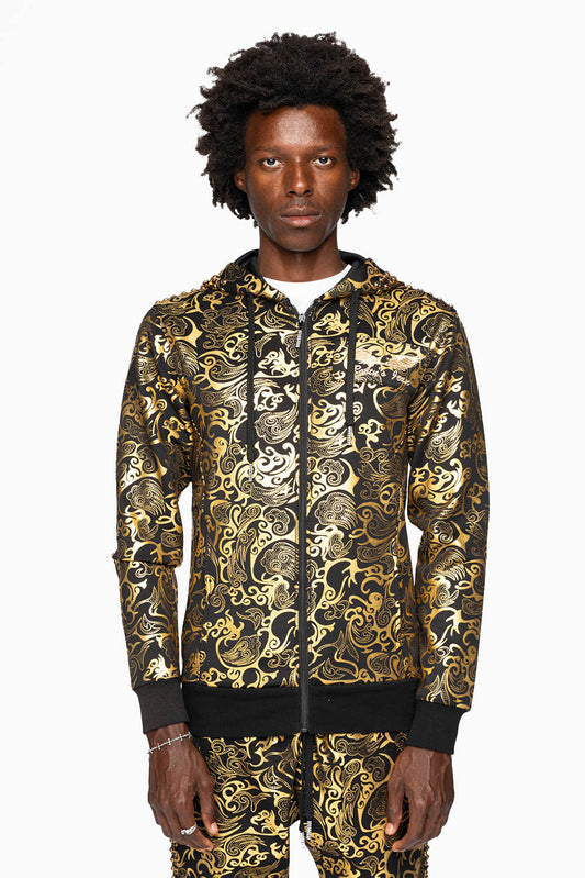 HOODED TRACK JACKET IN GOLD/BLK PRINT WITH LARGE CRYSTALS