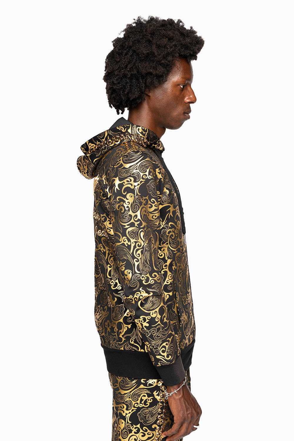HOODED TRACK JACKET IN GOLD/BLK PRINT WITH LARGE CRYSTALS