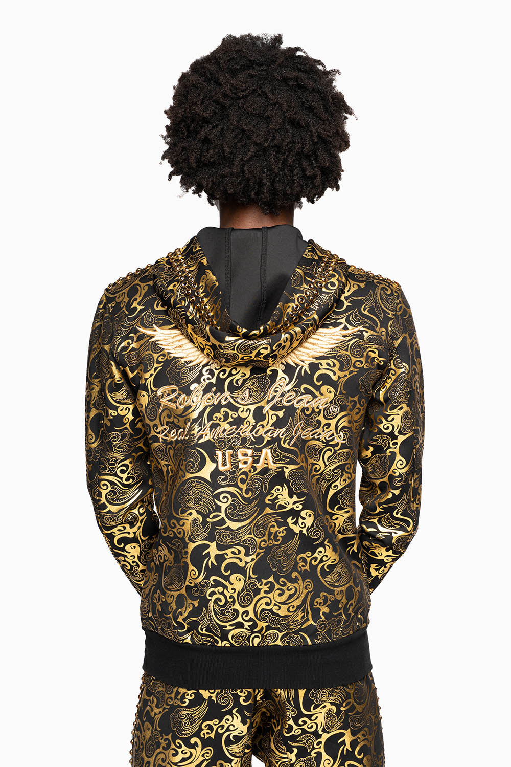 HOODED TRACK JACKET IN GOLD/BLK PRINT WITH LARGE CRYSTALS