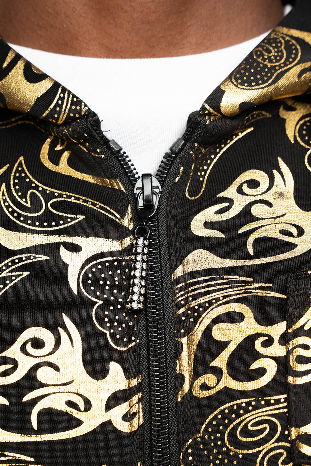 HOODED TRACK JACKET IN GOLD/BLK PRINT WITH LARGE CRYSTALS