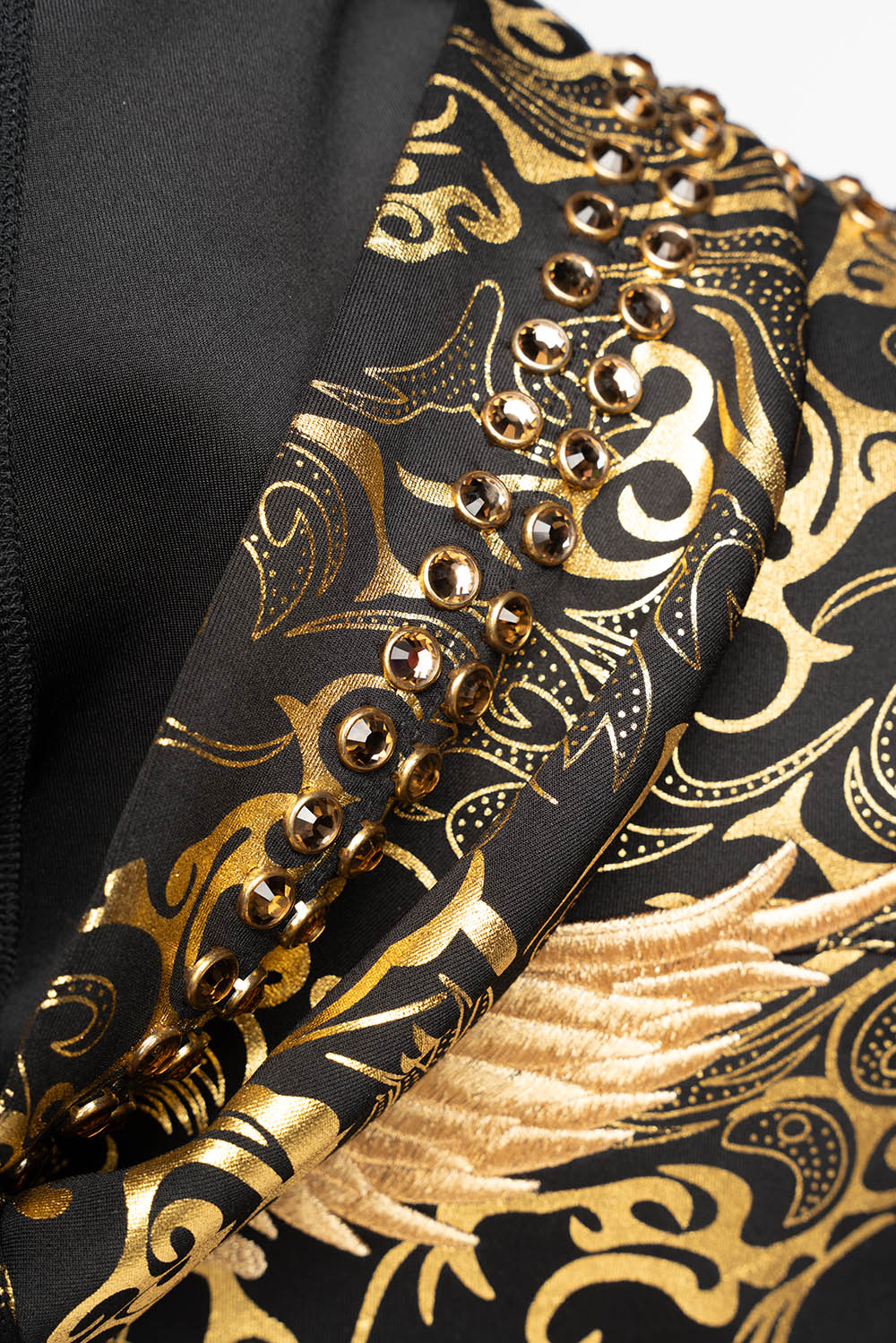 HOODED TRACK JACKET IN GOLD/BLK PRINT WITH LARGE CRYSTALS