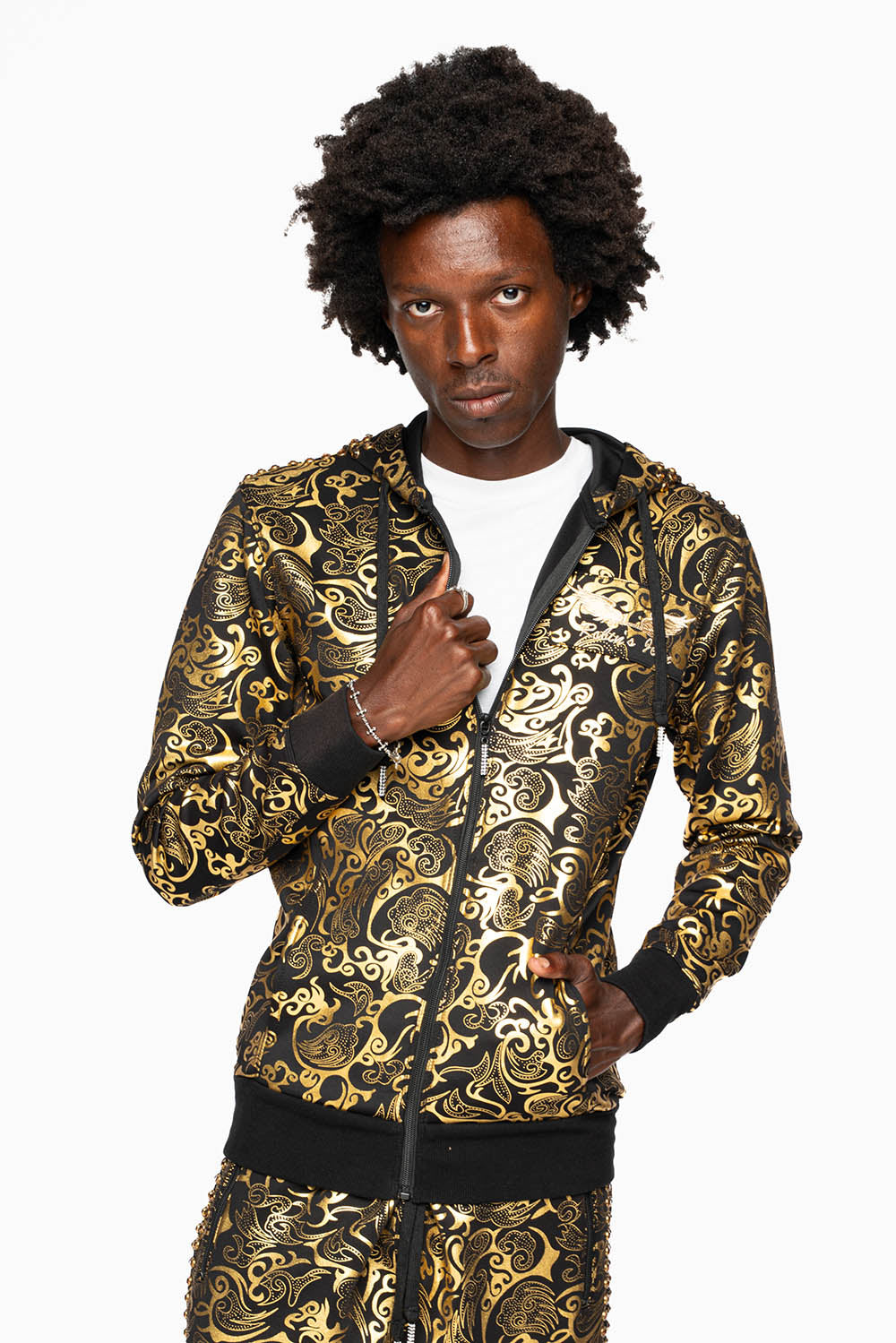 HOODED TRACK JACKET IN GOLD/BLK PRINT WITH LARGE CRYSTALS