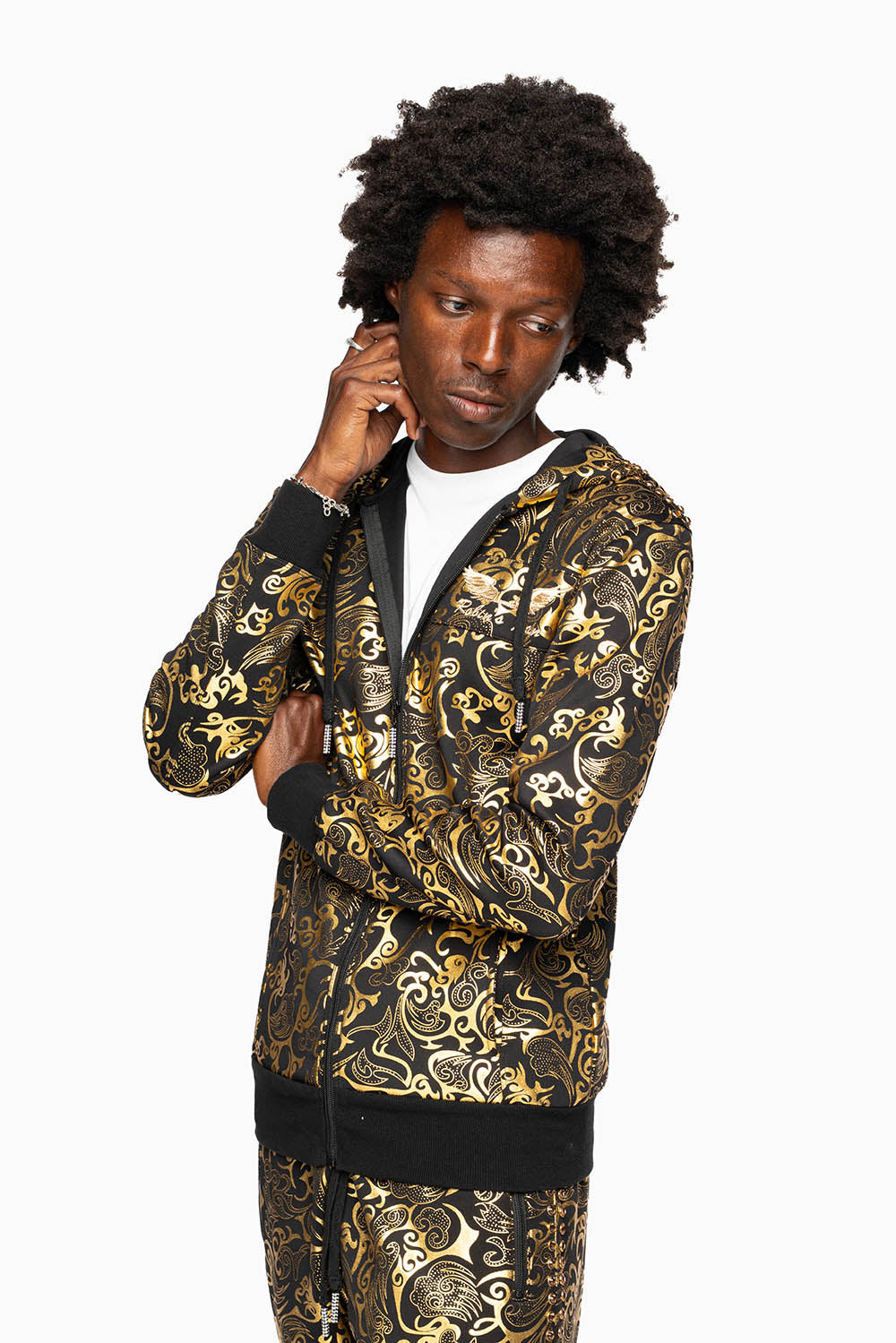 HOODED TRACK JACKET IN GOLD/BLK PRINT WITH LARGE CRYSTALS