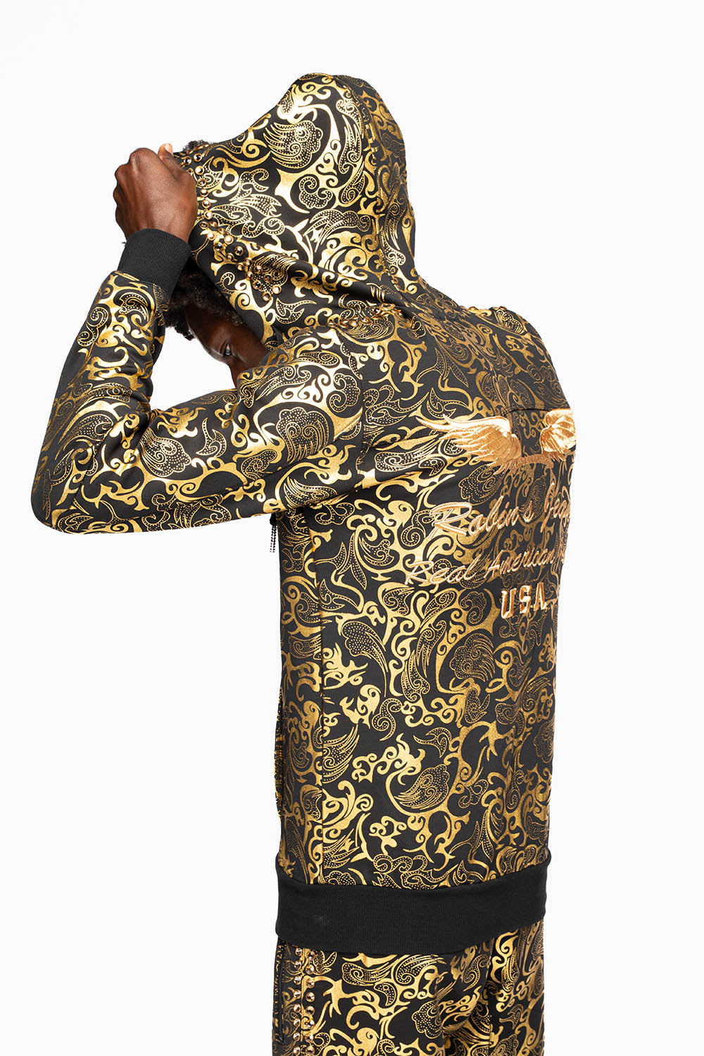 HOODED TRACK JACKET IN GOLD/BLK PRINT WITH LARGE CRYSTALS