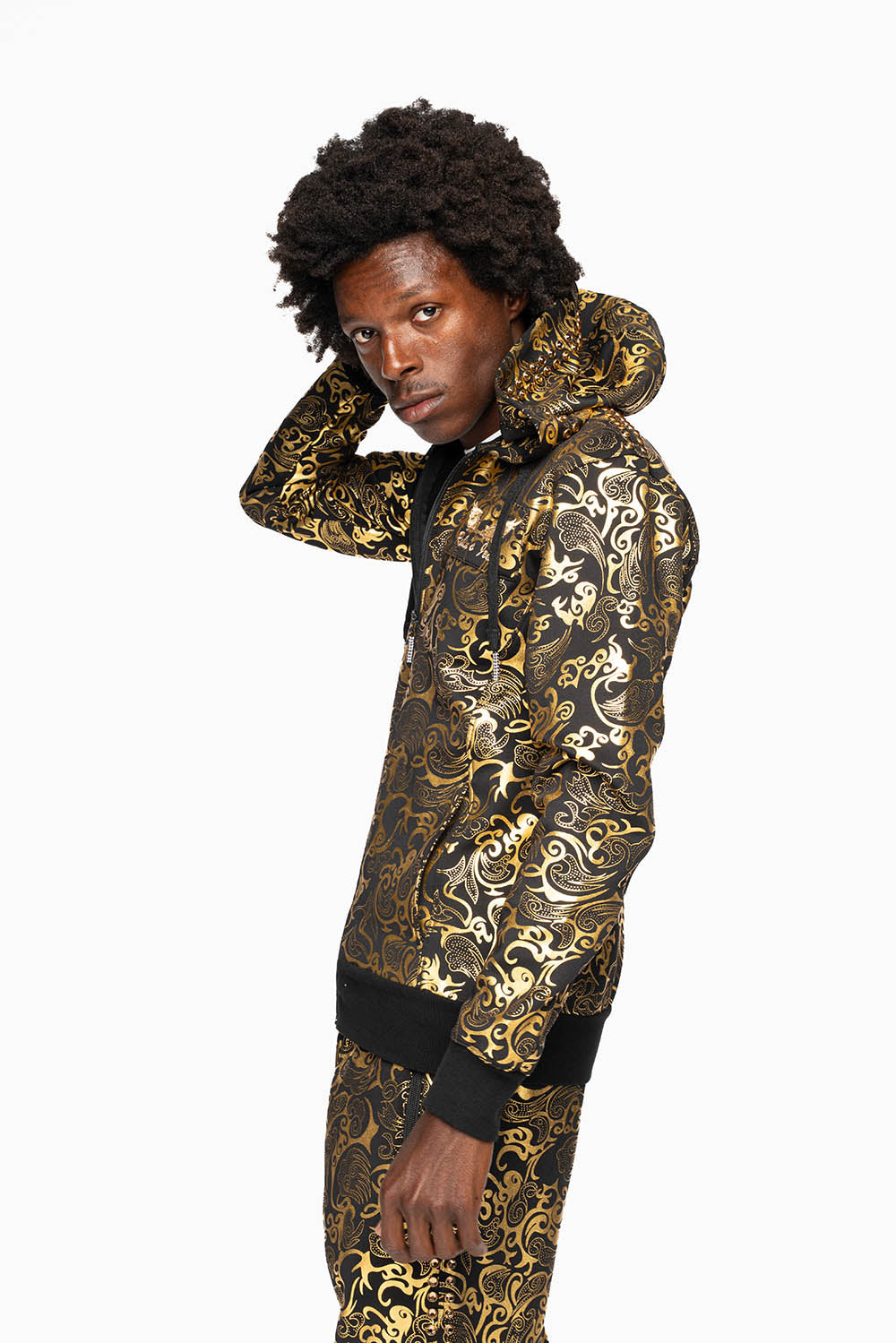HOODED TRACK JACKET IN GOLD/BLK PRINT WITH LARGE CRYSTALS