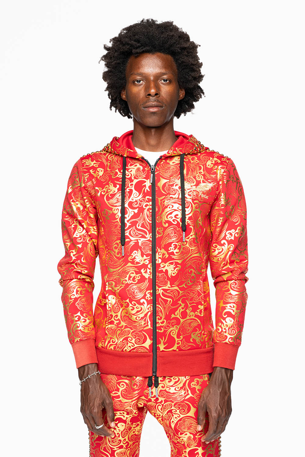 HOODED TRACK JACKET IN GOLD/RED PRINT WITH LARGE CRYSTALS