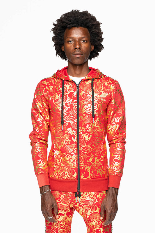 HOODED TRACK JACKET IN GOLD/RED PRINT WITH LARGE CRYSTALS