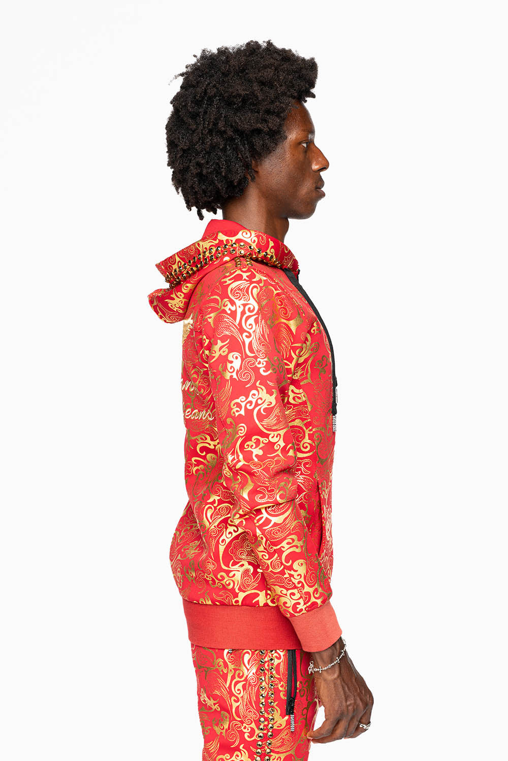 HOODED TRACK JACKET IN GOLD/RED PRINT WITH LARGE CRYSTALS