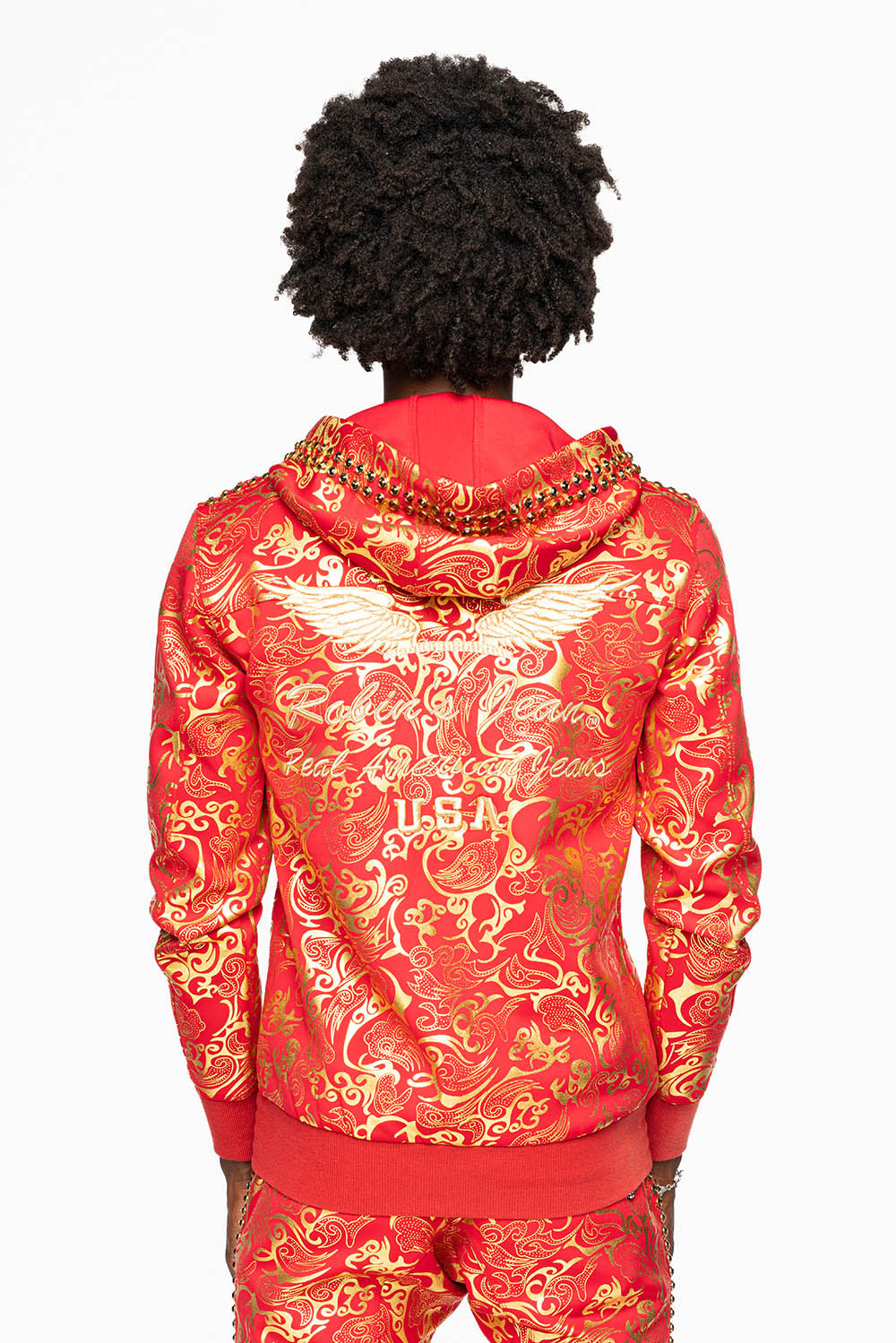 HOODED TRACK JACKET IN GOLD/RED PRINT WITH LARGE CRYSTALS