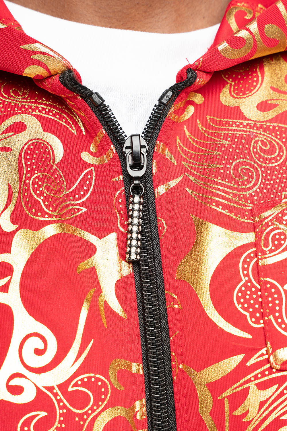 HOODED TRACK JACKET IN GOLD/RED PRINT WITH LARGE CRYSTALS
