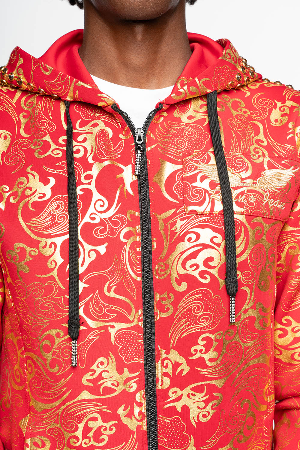HOODED TRACK JACKET IN GOLD/RED PRINT WITH LARGE CRYSTALS