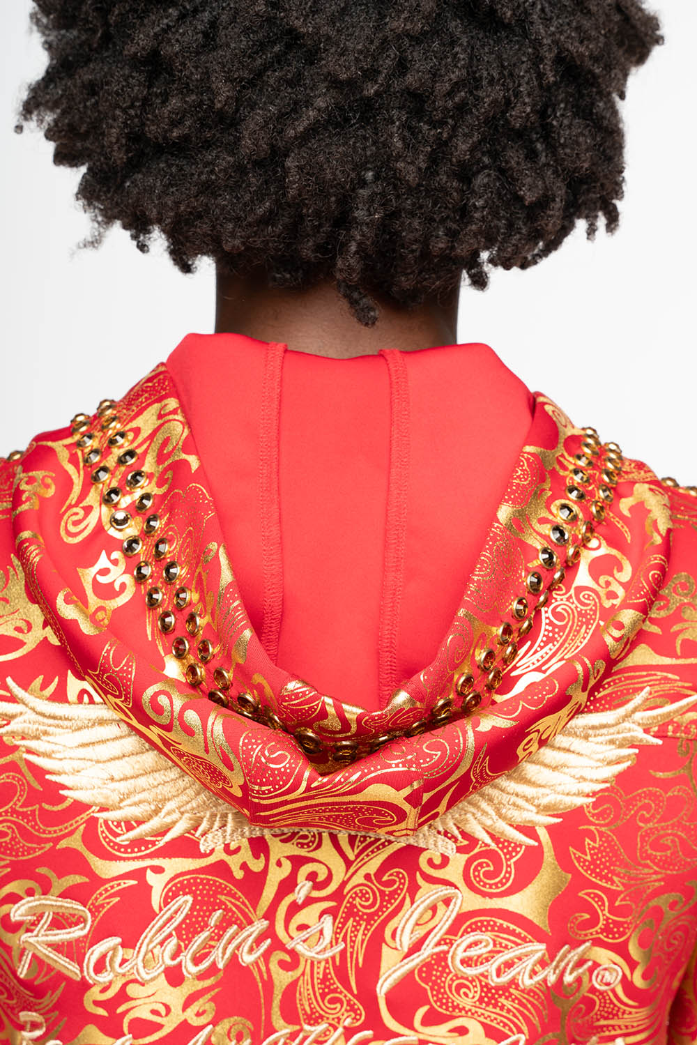 HOODED TRACK JACKET IN GOLD/RED PRINT WITH LARGE CRYSTALS
