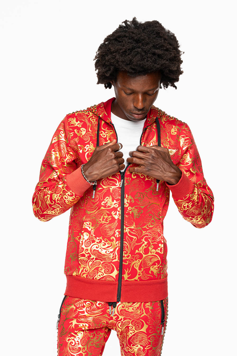 HOODED TRACK JACKET IN GOLD/RED PRINT WITH LARGE CRYSTALS