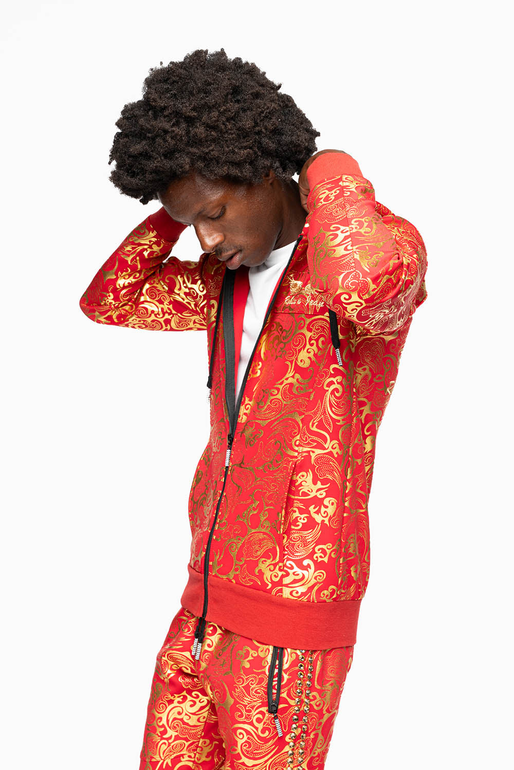 HOODED TRACK JACKET IN GOLD/RED PRINT WITH LARGE CRYSTALS