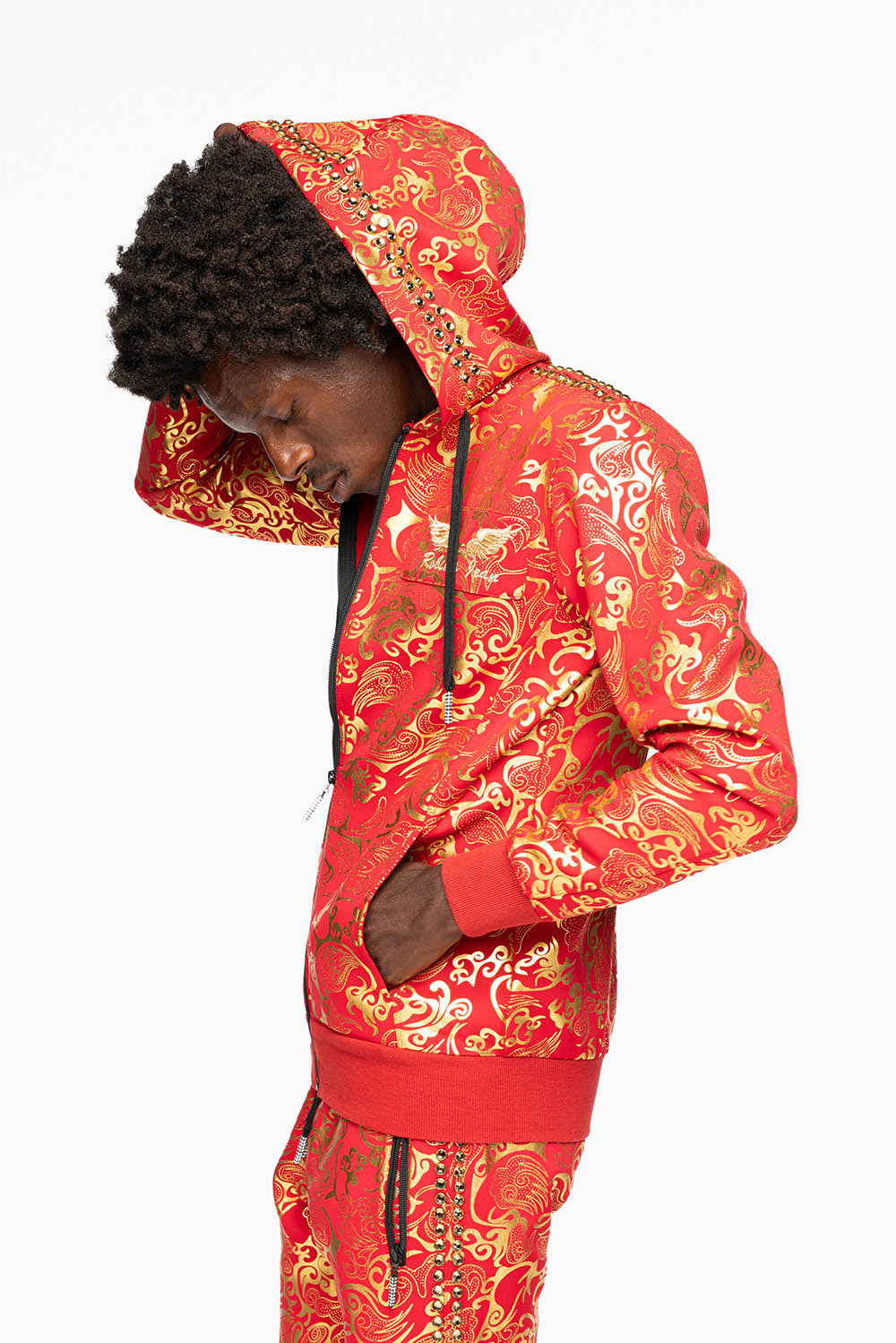 HOODED TRACK JACKET IN GOLD/RED PRINT WITH LARGE CRYSTALS