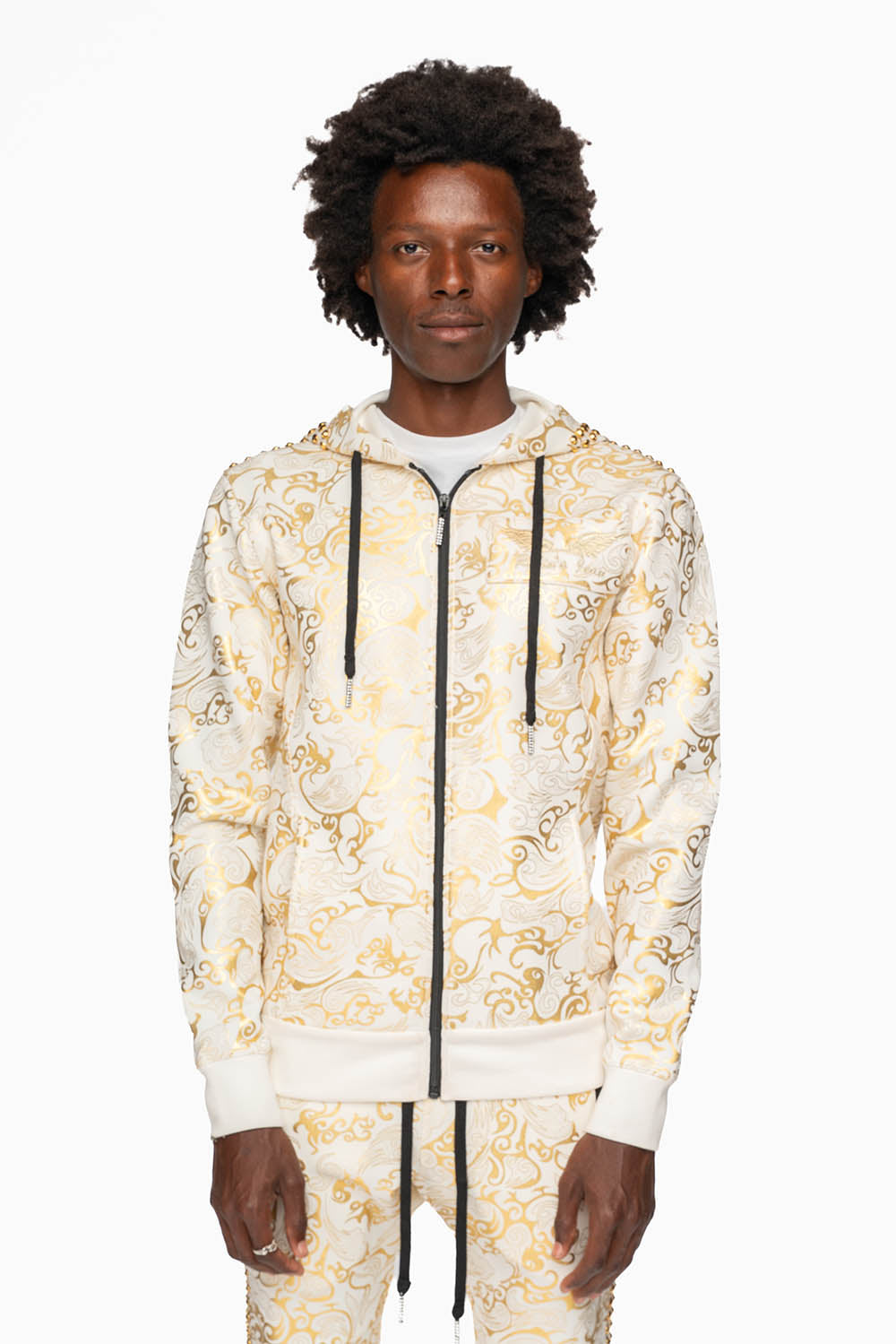HOODED TRACK JACKET IN GOLD/WHITE PRINT WITH LARGE CRYSTALS