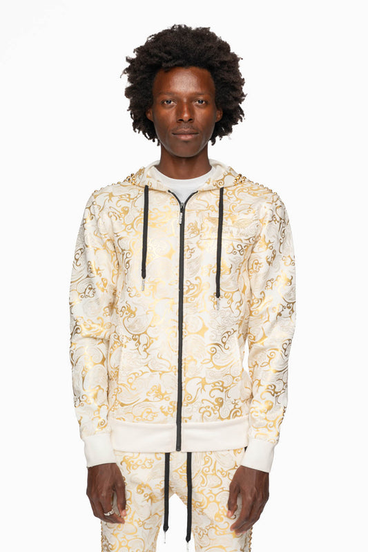 HOODED TRACK JACKET IN GOLD/WHITE PRINT WITH LARGE CRYSTALS