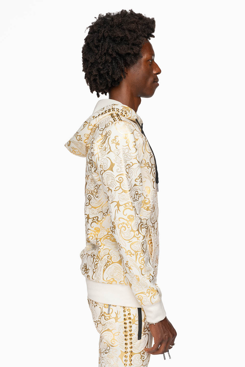 HOODED TRACK JACKET IN GOLD/WHITE PRINT WITH LARGE CRYSTALS