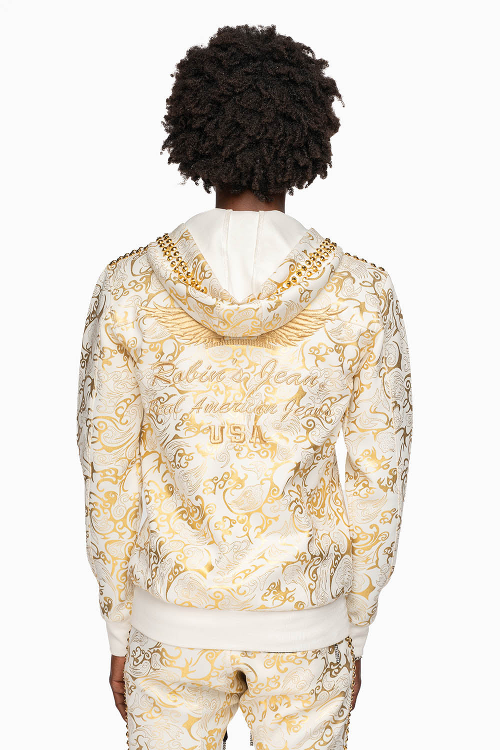HOODED TRACK JACKET IN GOLD/WHITE PRINT WITH LARGE CRYSTALS
